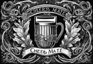 "Cheers Mate" text black and grey ink armband, intricate, artistic +abstract +grey Cancer Ribbon +toasting bourbon glass tattoo idea