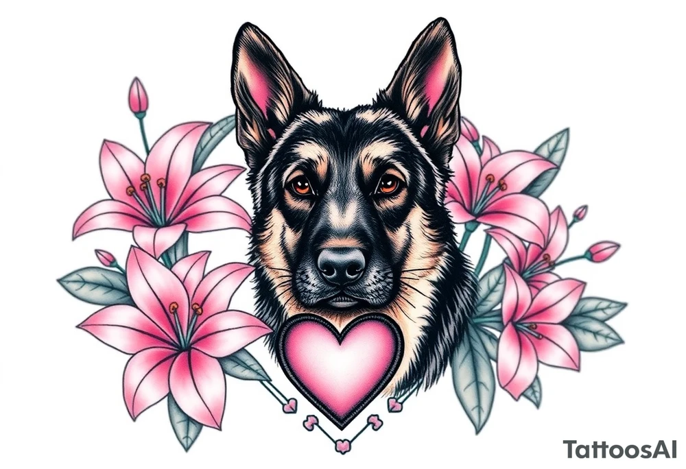 tough looking short haired german shepherd with alert ears surrounded by pink lilies with large leaves in front of a sacred heart tattoo idea