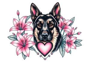 tough looking short haired german shepherd with alert ears surrounded by pink lilies with large leaves in front of a sacred heart tattoo idea