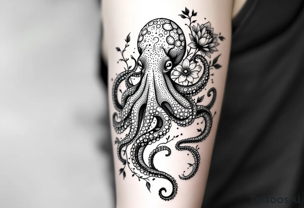realistic octopus, detailed linework, intricate, black-and-grey shading, surrounded by floral ornaments, intertwining and merging with flowers, thin black swirling lines, semi-transparent brown leaves, dotwork, ornamental flourishes, radiating design, fine-line style, minimalistic, organic flow, feminine, artistic, slightly surreal, seamless composition, marine botanical fusion, lifelike texture, graceful rhythm, smooth shading, soft leaves wrapping, blooming shoulder flower, outward radiating pattern, vine tentacle flow, integrated sea creature, botanical octopus curved body placement, natural organic movement tattoo idea