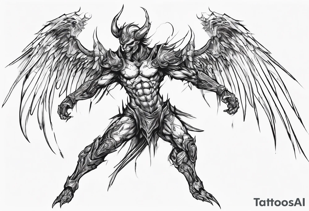 Side view of a demon angel wearing inorganic armor that is in mid-air in attack position. tattoo idea