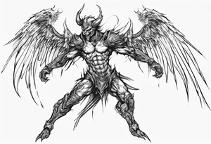Side view of a demon angel wearing inorganic armor that is in mid-air in attack position. tattoo idea