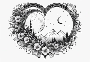 Crescent moon with a heart inside, shrouded by beautiful flowers with wisps of mist - hand tattoo tattoo idea