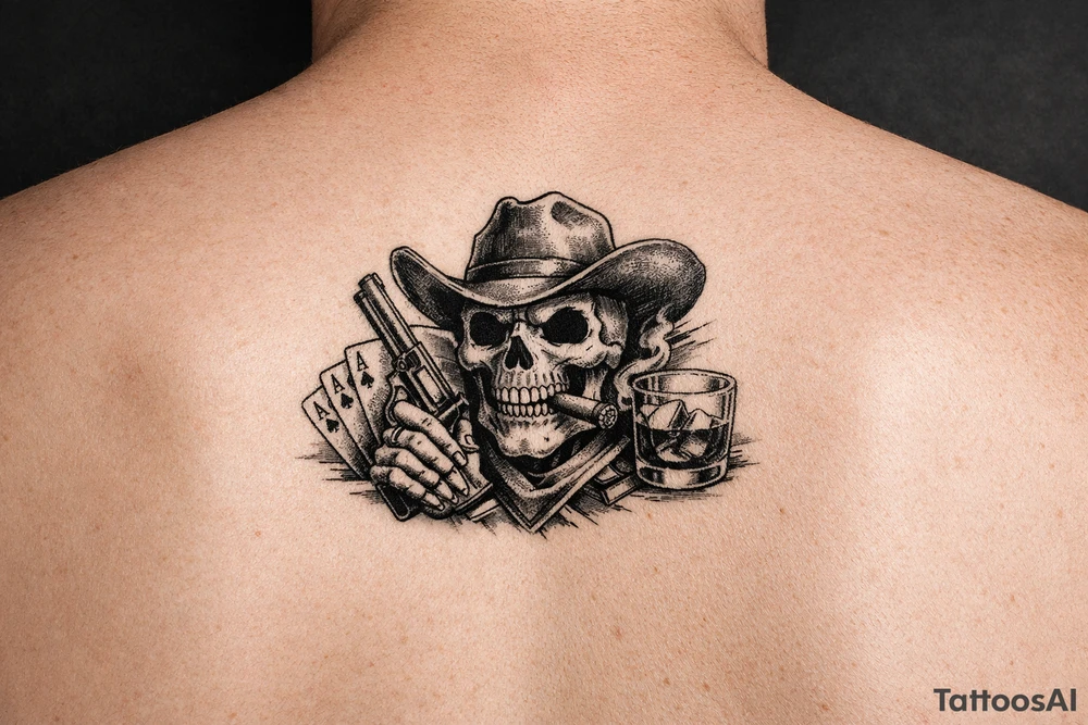 skull with cowboy-hat, cigar in his mouth, a gun in a hand, playing cards, whiskey-glass. tattoo idea