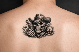 skull with cowboy-hat, cigar in his mouth, a gun in a hand, playing cards, whiskey-glass. tattoo idea