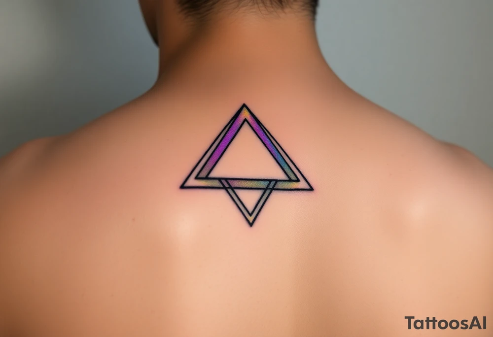 A fine line tattoo design on skin. An impossible Penrose triangle constructed from a faceted diamond cut structure. The facets of the diamond structure contain holographic, iridescent psychedelic gradients of purple, turquoise, and neon pink colors. Minimalist style, precise geometric lines, sacred geometry vibes, micro realism tattoo.
It should be gentle and small on the hand tattoo idea