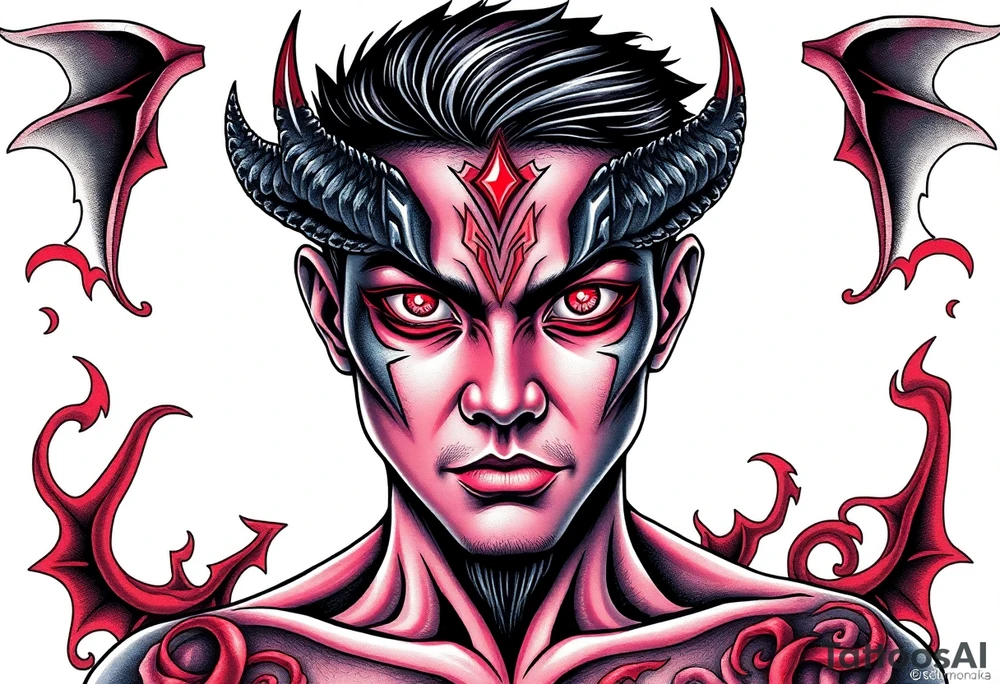 Handsome Asian young guy with demon eyes tattoo idea