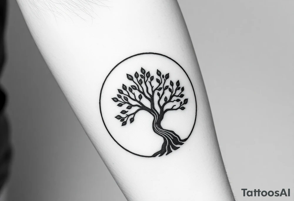 Tree with few leaves, encircled in a circle, with a line starting from the left side of tree and spiraling outward in a clockwise direction tattoo idea