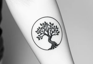 Tree with few leaves, encircled in a circle, with a line starting from the left side of tree and spiraling outward in a clockwise direction tattoo idea