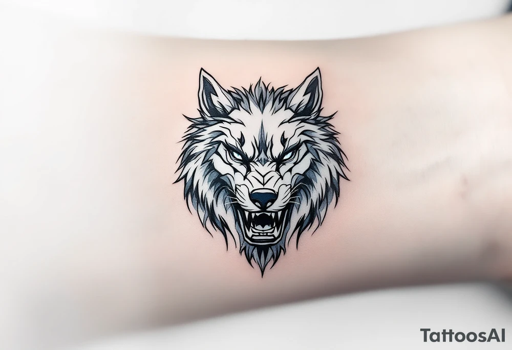忠 (zhōng, “loyalty”) in steel blue beside a wolf or lion denotes honor and devotion. tattoo idea