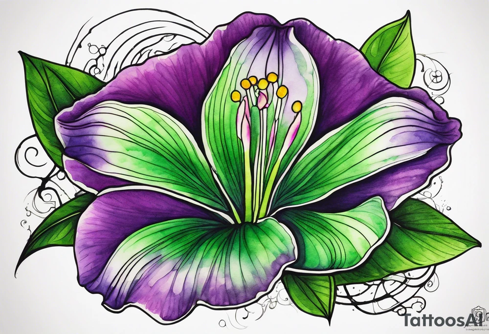 An outline of a green and purple rio dipladenia flower with a mystical green/purple watercolor splash in the background tattoo idea