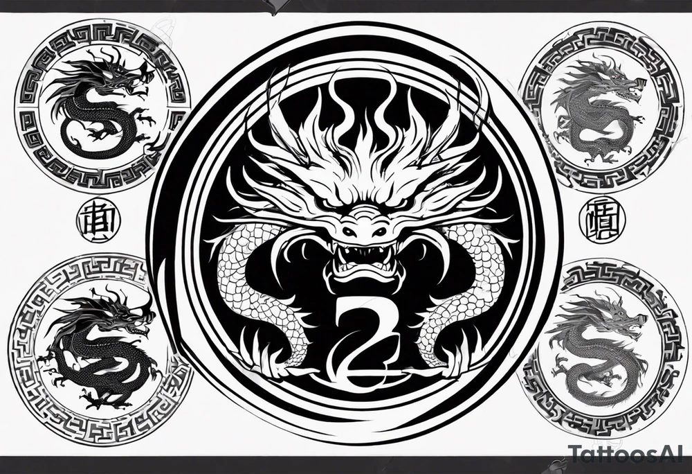 Chinese dragon in a circular shape with "02.03" written on its skin tattoo idea