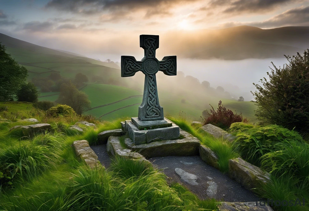 A stone Celtic cross standing tall against the backdrop of a misty, overgrown hillside. The cross is fashioned from weathered gray stone, its arms intricately carved with intertwining knots and spirals that evoke the artistry of ancient Celtic craftsmanship. At the intersection of the arms, a large, flat stone serves as the base, adorned with a carving of a knotwork circle. Perched atop the outermost arm of the cross is a raven, its ebony feathers shining in the soft, diffused light. The bird's head is tilted slightly to the side, its beady eyes fixed on something in the distance, as if lost in thought or contemplation. The surroundings are quiet and serene, with a light breeze rustling through the wild grass and the distant calls of unseen birds. The Celtic cross stands as a testament to the enduring spirit of the Celts, its presence echoing through the centuries, its story waiting to be told. tattoo idea