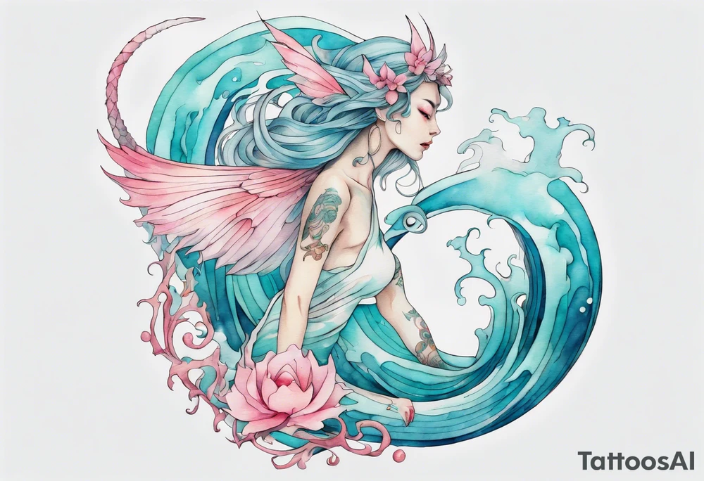 a beautiful turquoise and white and pink fairy serpent rising from the blue waves of the ocean tattoo idea