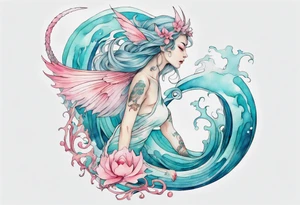 a beautiful turquoise and white and pink fairy serpent rising from the blue waves of the ocean tattoo idea