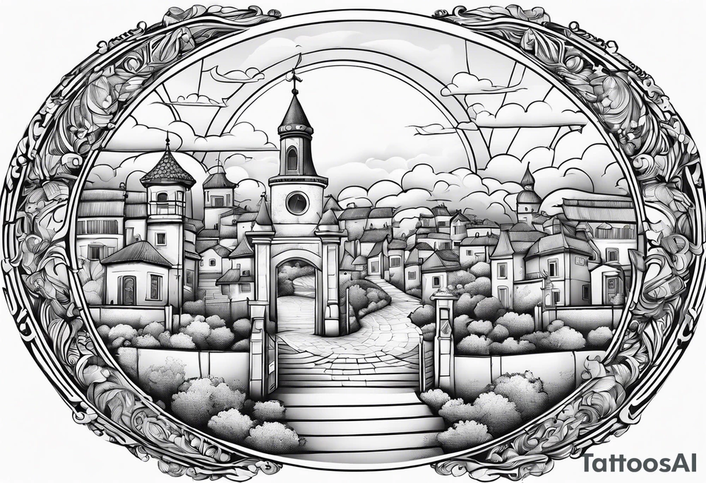 heaven summer town with tower houses gate entrance 
 in circle transparent clouds  vignette tattoo idea