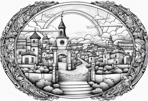 heaven summer town with tower houses gate entrance 
 in circle transparent clouds  vignette tattoo idea