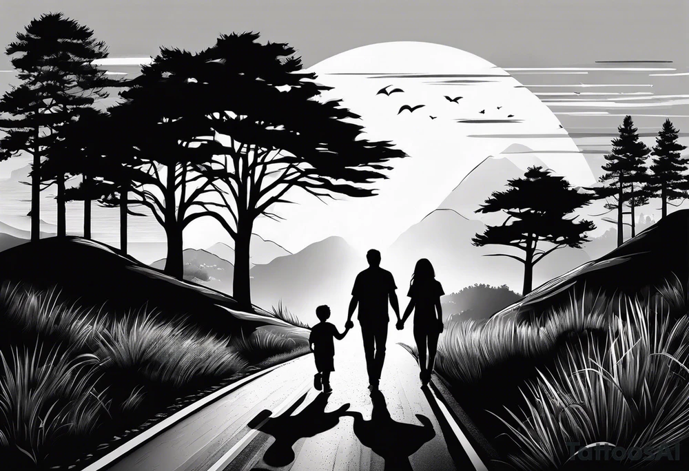 sleeve tattoo sun rays with road and dad, daughter and son silhouette tattoo idea