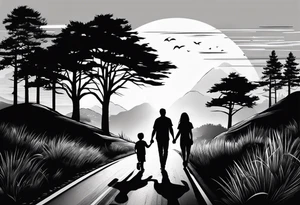 sleeve tattoo sun rays with road and dad, daughter and son silhouette tattoo idea