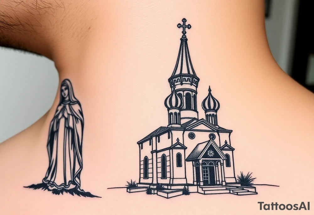 medium sized Russian orthodox church with bulb domes with a prominent russian orthodox style virgin mary stood outside to the left tattoo idea