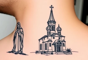 medium sized Russian orthodox church with bulb domes with a prominent russian orthodox style virgin mary stood outside to the left tattoo idea