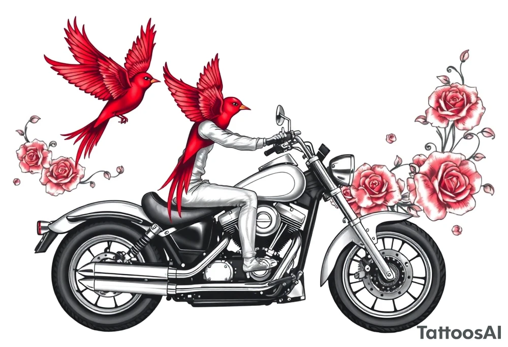 Motorcycle driving away, two red birds flying, roses and lace, flames tattoo idea