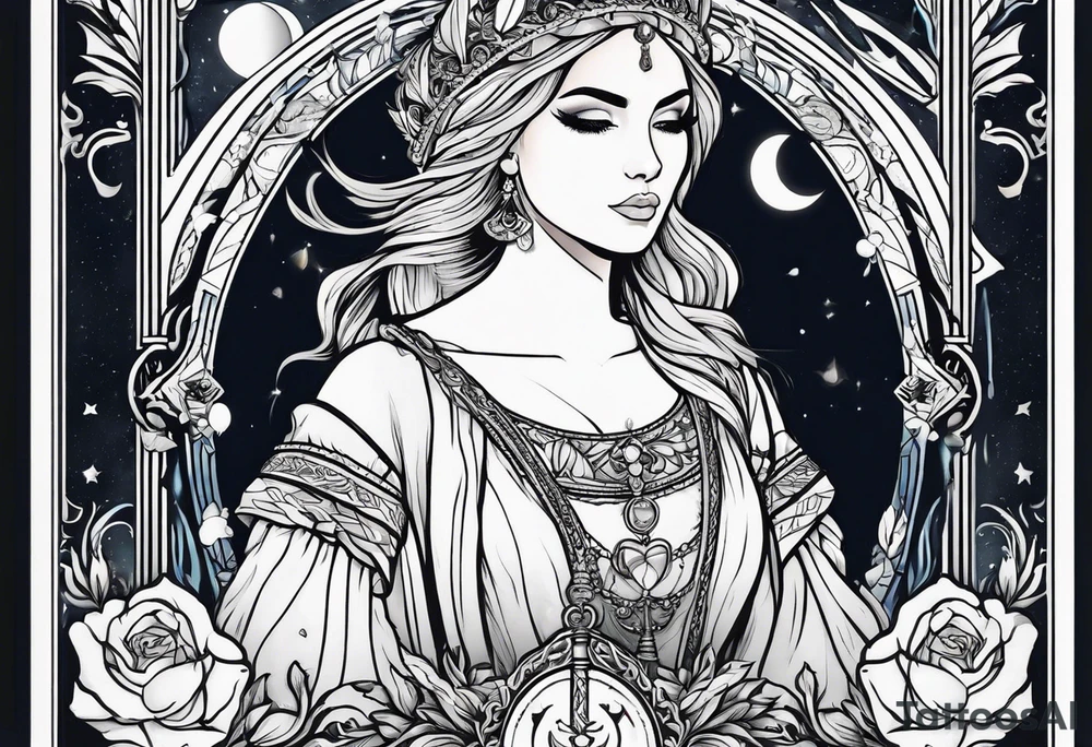 Lady of the lake in a tarot card design tattoo idea