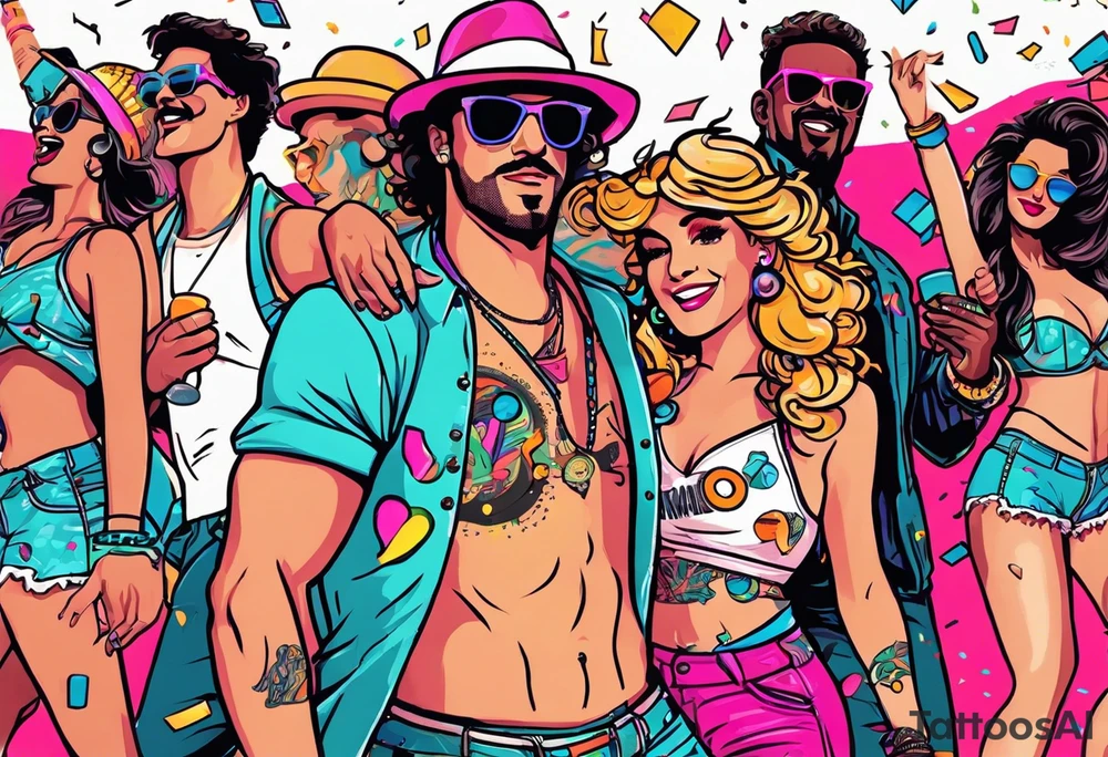 1980's style dance party with boom box and confetti in a beach theme. include people in 80's miami beach clothes, music note. tattoo idea