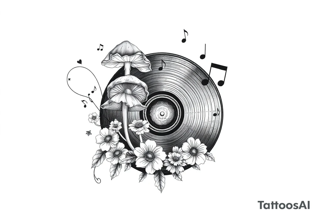 vinyl record with mushrooms, flowers, and music notes tattoo idea