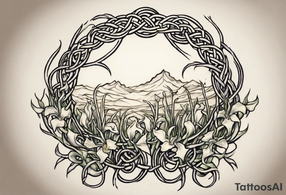 Create a small Vincent van Gogh Irises tattoo with Celtic knots. The tattoo should take the form of a crescent, with vines gracefully intertwining at a central point in the middle of the wreath. Ensure that the design avoids the appearance of a bush and maintains a more structured and deliberate arrangement. The intended placement is on the upper chest. The overall design should be small in size while maintaining a delicate and artistic aesthetic. Pay attention to the graceful flow of the vines and the placement of the irises to achieve a refined and elegant look. tattoo idea