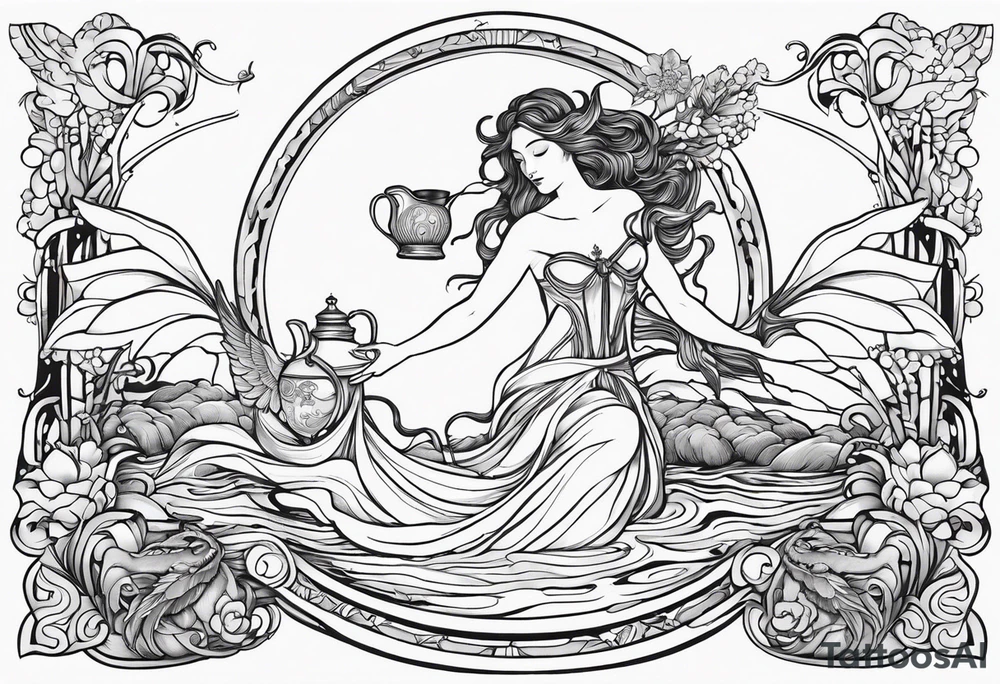 A black line ink design for a full sleeve tattoo featuring a beautiful, semi-naked woman representing the Aquarius water bearer. She has elegant, detailed angel wings and is pouring water out of a jug into a flowing stream. The stream curves around the arm, and within it, a single crab is visible, symbolizing the zodiac sign Cancer. The design should emphasize intricate line work, with a focus on the flowing water, the woman’s serene expression, and the detailed wings. The overall style should be elegant and mystical, with an emphasis on the contrast between the soft curves of the woman and the fluidity of the water, all rendered in black ink only. tattoo idea