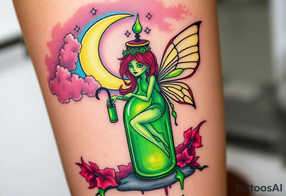 Tim Burton’s green absinthe fairy flitters outside her victorian absinthe bottle it sparkles with magic and dripping with muted reds, dusty pinks, and eerie green glow.purple and cyan smokey clouds swirl in the crescent moonlit sky thats sprinkled with stars tattoo idea tattoo idea