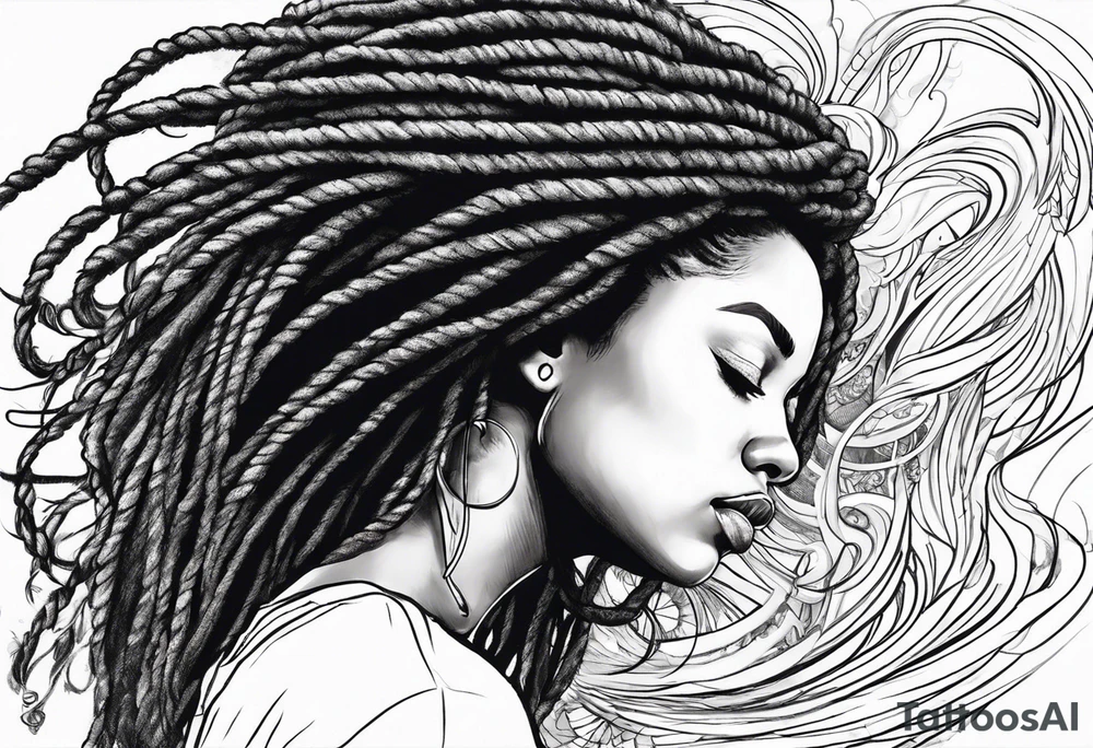 Draw a women head with real dread locks flying in the air, tattoo idea