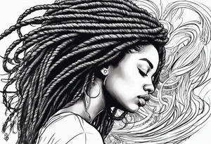 Draw a women head with real dread locks flying in the air, tattoo idea