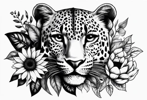 Leopard print thigh tattoo with sunflowers tattoo idea