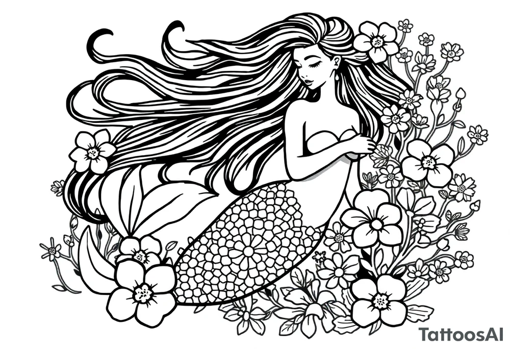 ethereal mermaid with flowing hair among coral and sea flowers weird tattoo idea