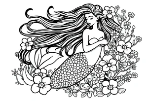 ethereal mermaid with flowing hair among coral and sea flowers weird tattoo idea