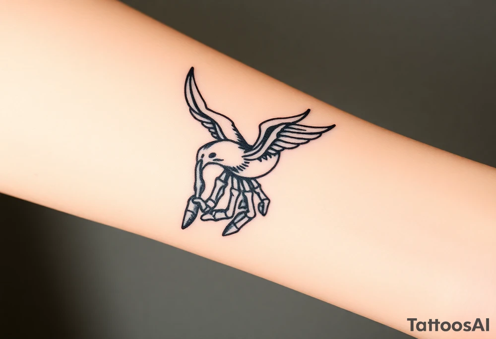 Skeleton hand reaching out of the ocean for a flying swallow tattoo idea