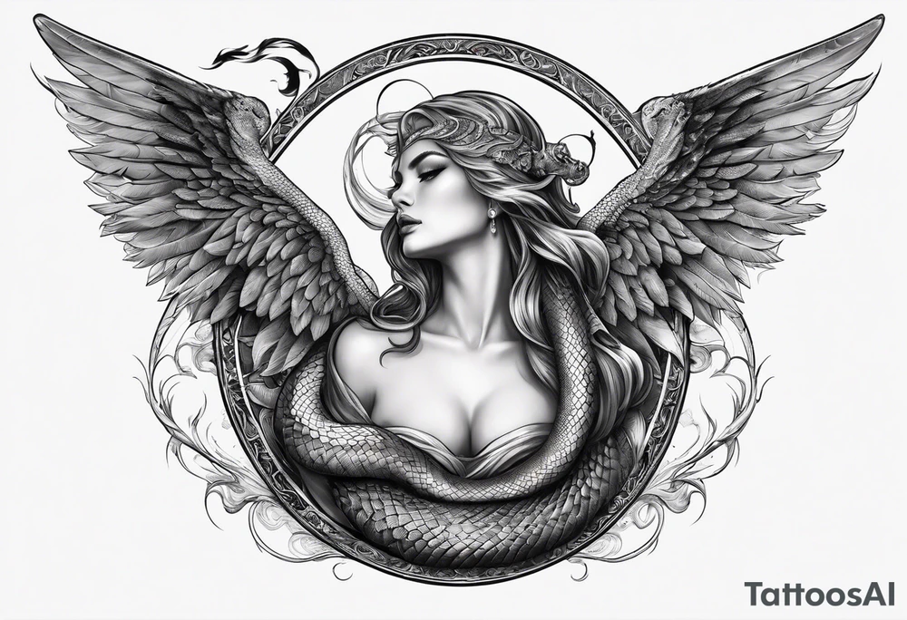 Lucifer (half angel and half snake) wraps the moon in the sky tattoo idea