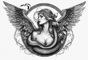 Lucifer (half angel and half snake) wraps the moon in the sky tattoo idea
