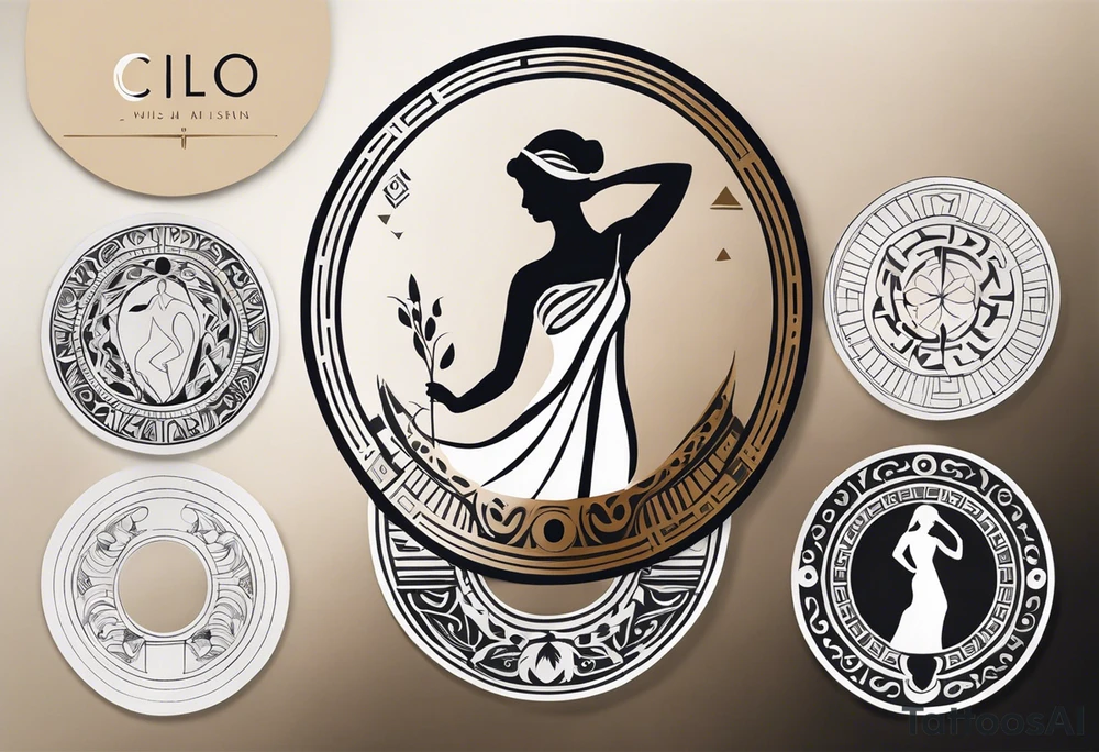 "Craft a minimalist round tattoo inspired by ancient Greek art, featuring Clio, the muse of history. Design a circular composition with Clio depicted in the center, holding a scroll. Surround her with simple yet symbolic elements such as laurel wreaths, scrolls, or geometric patterns reminiscent of ancient Greek pottery. Ensure the design maintains a minimalist style, with clean lines and limited detail, while capturing the essence of Clio's affinity for knowledge and the arts within the circular frame." tattoo idea