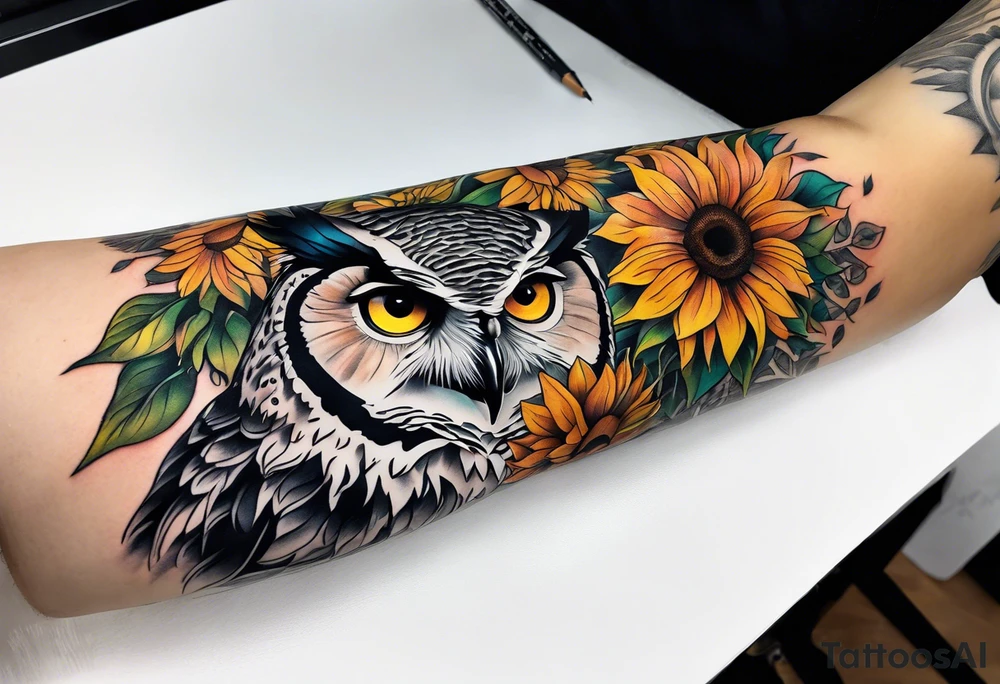Arm sleeve with colorful sunflowers and an owl tattoo idea