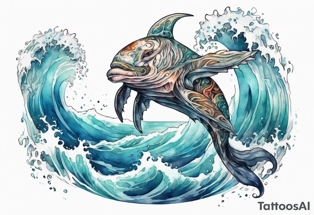 a beautiful sea creature standing in the sea surrounded by crashing waves tattoo idea
