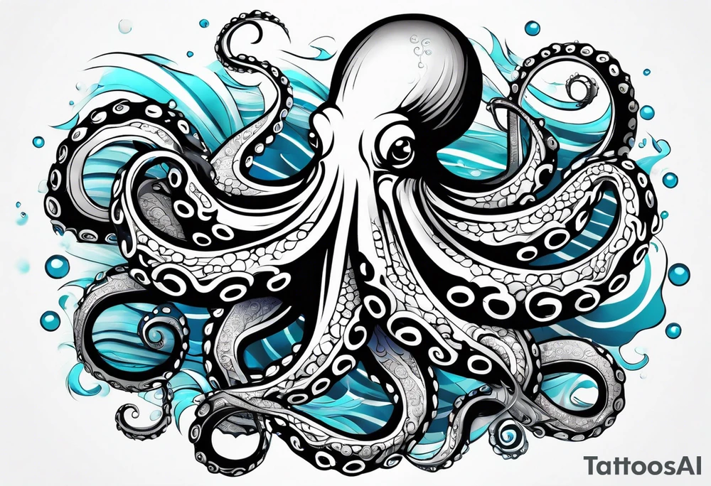 Tribal half sleeve. octopus surrounded by ribbons of water waves filled with fish. the octopus has no eyes. Use thick lines only with less detail. tattoo idea