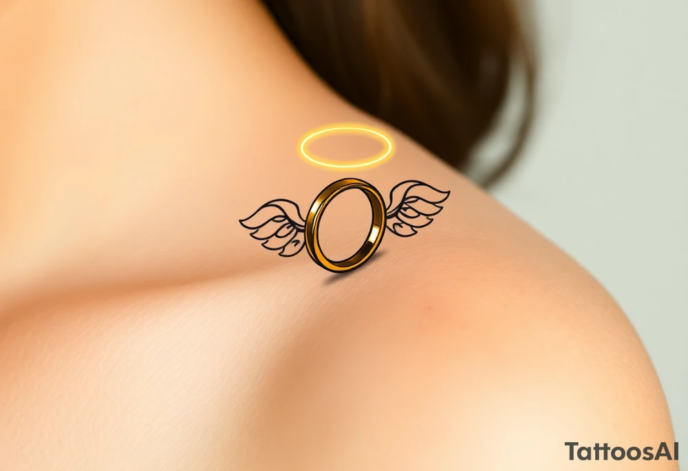 A golden wedding band floating within an angelic halo, glowing softly. tattoo idea