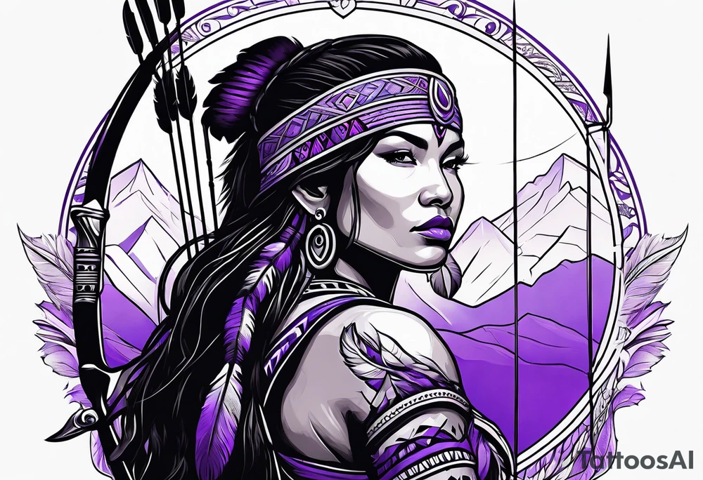 native american female archer on a purple buffalo tattoo idea