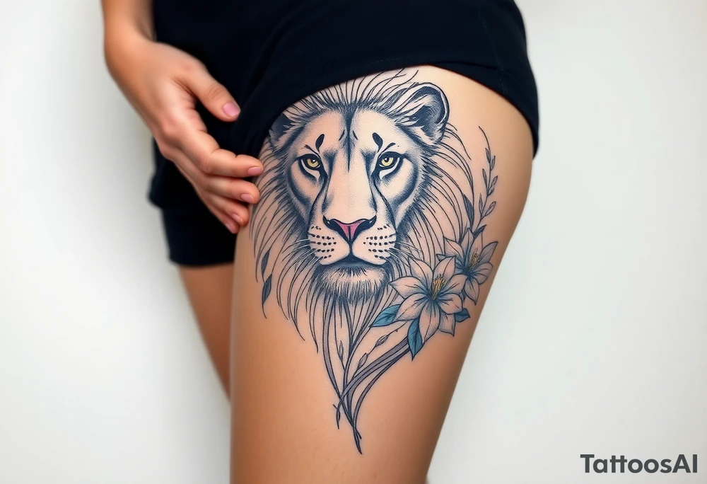 Lion with larkspur and water lilies tattoo idea