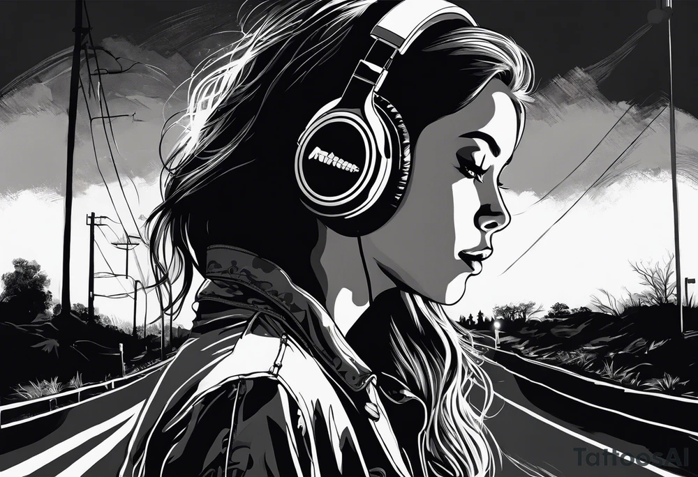 a girl listening to music with over the ear headphones along a dark road at night showing her shadow tattoo idea