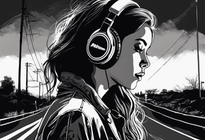 a girl listening to music with over the ear headphones along a dark road at night showing her shadow tattoo idea