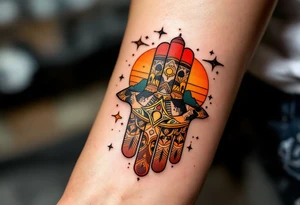 A desert-toned Hamsa in warm shades of terracotta, orange, and brown, reflecting the sacred energy of the earth. tattoo idea